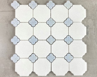 Thassos White & Blue Celeste Clover Marble Mosaic Tile - EST000TW94