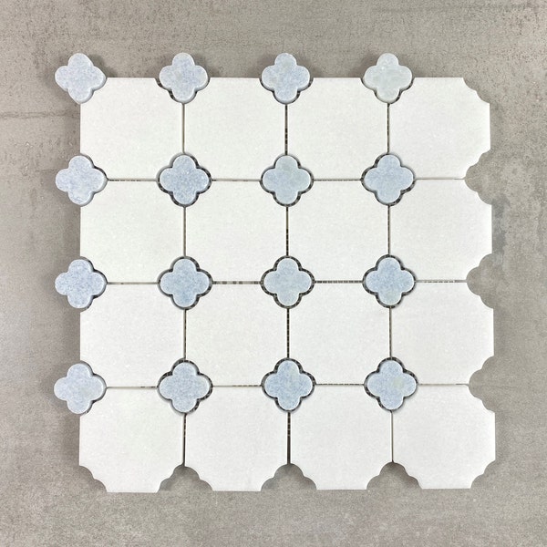 Thassos White & Blue Celeste Clover Marble Mosaic Tile - EST000TW94