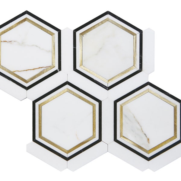 Calacatta Gold, Absolute Black, Thassos White & Gold Aluminum  Large Honeycomb Mosaic Tile - EST000MR25