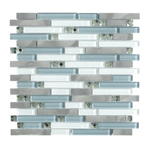 May include: A mosaic tile sheet with a mix of brushed silver, white, and light blue glass tiles. The tiles have a rectangular shape and are arranged in a staggered pattern. Some of the tiles have small, clear glass accents.