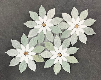 Water Jet Ming Green, Thassos White and Honey Onyx Large Daisy Marble Mosaic Tile - EST000MFL13