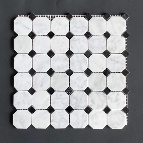 White Carrara 2" Octagon with Black Dot Mosaic Tile EST000MW11