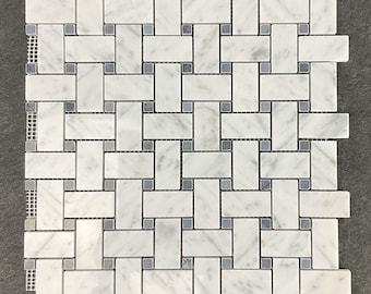 White Carrara Basketweave with grey dot Marble Mosaic Tile EST000MW10