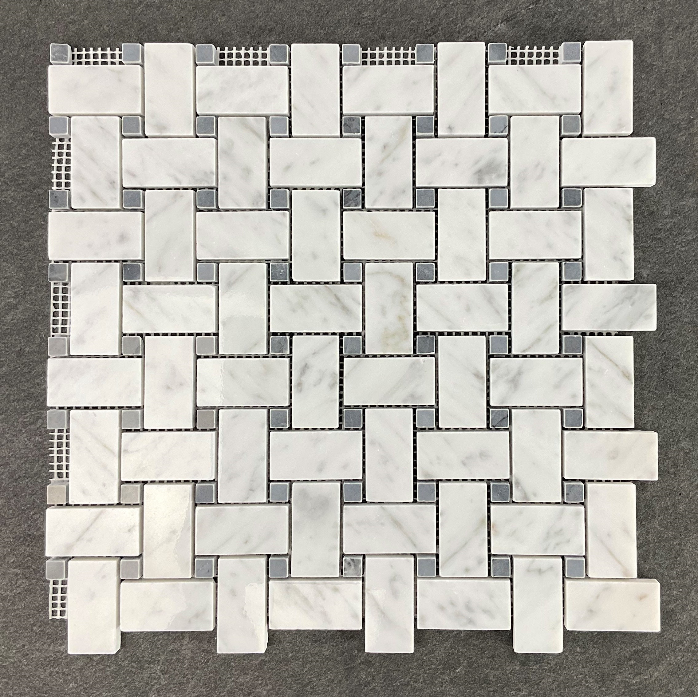 White Carrara Basketweave With Grey Dot Marble Mosaic Tile