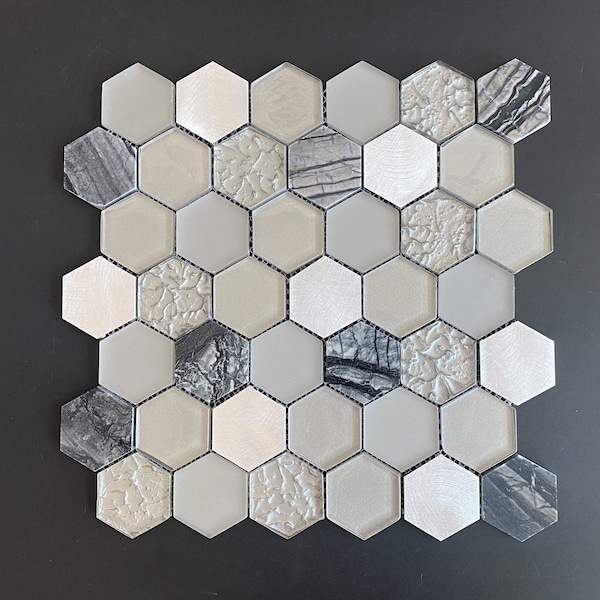 Black Stone, Grey Glass and Silver Aluminum Mixed 2" Hexagon Mosaic Tile EST000GHT4