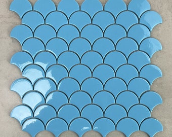 2" x 1.75" Blue Fish Scale Glass Mosaic Tile - EST000GF32