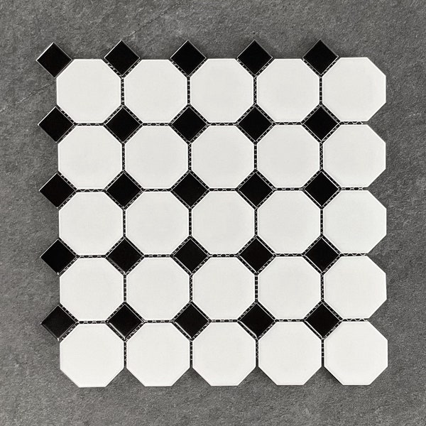 2" White and Black Dot Octagon Porcelain Mosaic Tile - EST000POH1
