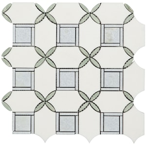 May include: White marble mosaic tile with a geometric pattern of squares and four-leaf clover shapes. The squares have a black outline and the clover shapes have a green outline.