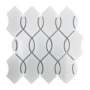May include: White ceramic tile sheet with a geometric pattern of interlocking ovals. The tiles are arranged in a grid pattern and have a glossy finish.