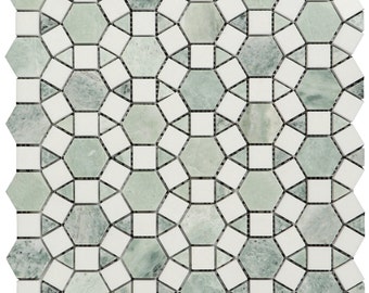 May include: Green and white marble mosaic tile sheet with a geometric pattern. The tiles are arranged in a repeating pattern of octagons and squares.