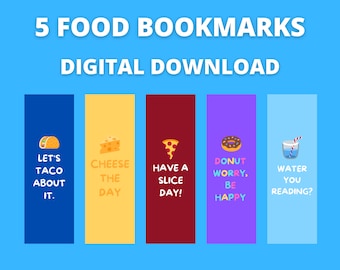 5 Food Bookmarks, Cute Bookmarks, Funny Bookmarks, Printable Bookmarks, Digital Bookmarks