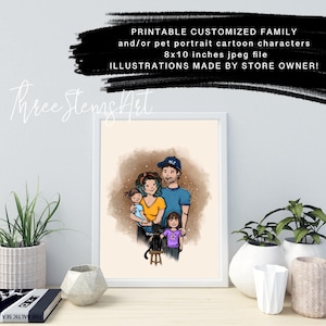 Printable customized family and/ or pet portrait, cartoon characters and pets illustration 8x10 jpeg file to print