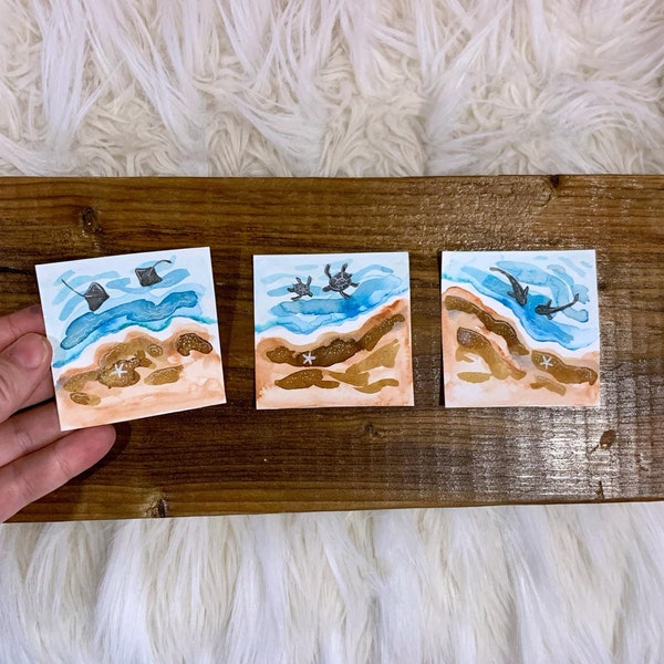 Tiny Beach Landscapes Original Watercolours and Ink, Set of 3, 2.5x2.5" Inch, Miniature Art, Small Original Paintings, Petites Aquarelles