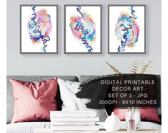 Abstract unique colourful set of 3 - Printable art- digital jpg files
