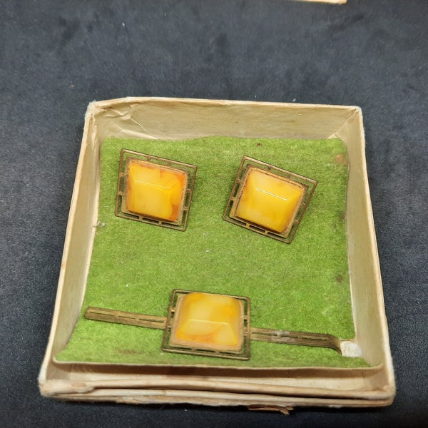 Vintage Soviet set of cufflinks and a tie clip with amber in a native box, made in the USSR in the 1980s, an accessory for him