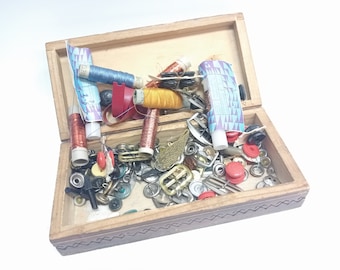 Sewing Accessories Buttons Threads Wooden Box Carpathians Ukraine Vintage USSR