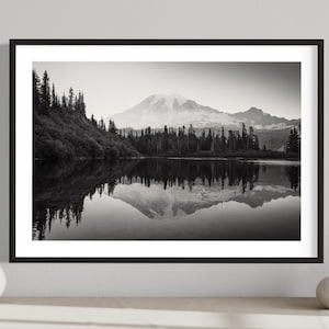Mount Rainier Black and White original photograph - landscape photo, national park print, fine art Washington Bench lake minimalist decor