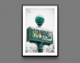 New York City Snowy Subway Sign Photography Print- NYC street photography Fine Art snow-covered green subway sign photo icicle vintage