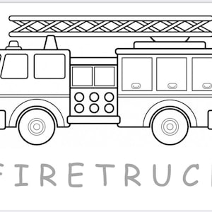 Puede incluir: Un dibujo en blanco y negro de un camión de bomberos con una escalera en la parte superior. Las palabras "FIRETRUCK" están escritas debajo del camión.