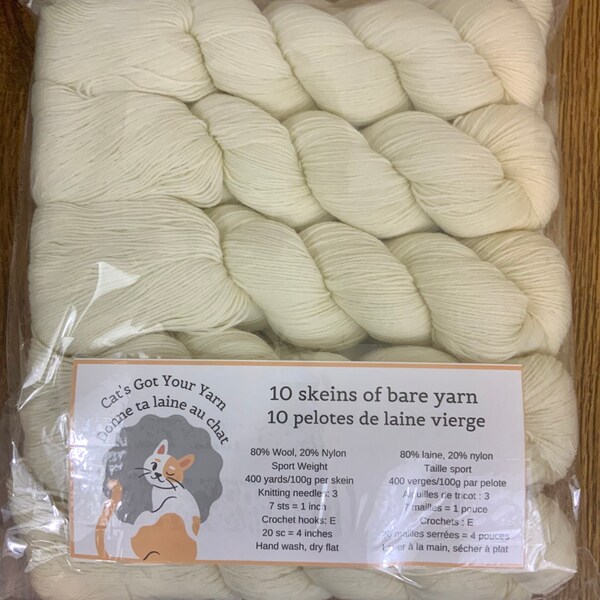 Pack of 10 skeins of bare yarn, 100g per skein, 80/20 wool and nylon, sport weight, 1kg total