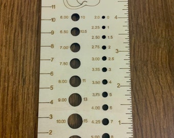 Knitting Needle Gauge and Ruler, Wooden, with Cat’s Got Your Yarn Logo
