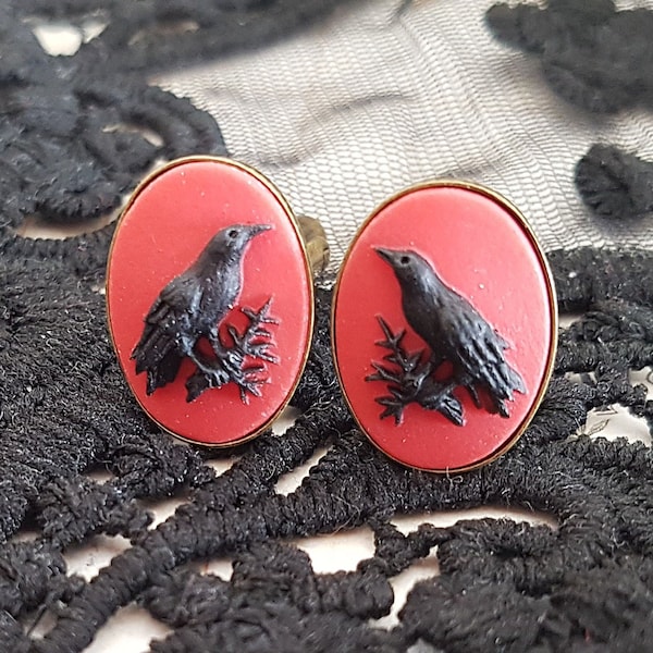 Black and Red Raven Cameo Cufflinks in Steel, Gothic Wedding, Victorian Poe Inspired, Crow Bird Cuff Links, Or Choose Grey