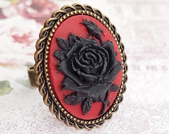 Black and Red Gothic Rose Cameo Ring in Antiqued Bronze, Black Rose on Dark Red, Victorian Style Adjustable Ring