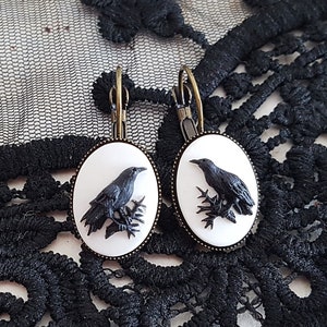 Black and White Raven Cameo Drop Earrings in Bronze, Gothic, Victorian Poe Inspired, Crow Bird Earrings, Or Choose Grey, Red, Purple, Cream