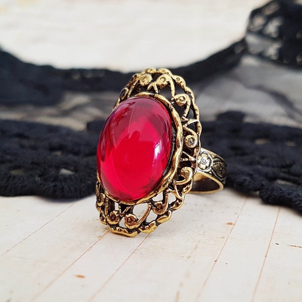 Victorian Gothic Crimson Ruby Red Jewel Ring, Antique Gold Filigree Adjustable Ring, Vintage Glass, Medieval, Tudor, Elizabethan, Regency