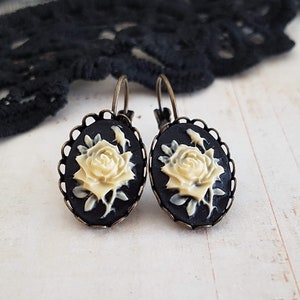 Black and Ivory Cream Gothic Rose Cameo Drop Earrings in Bronze, Victorian Vintage Rose Flower Earrings