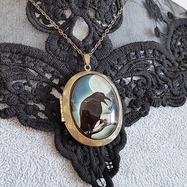 Raven and Moon Large Locket Necklace in Bronze, Gothic Vintage Crow, Poe Inspired, Keepsake, Memorial, Choose Your Length