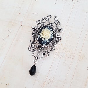 Large Antique Silver Ivory Cream Vintage Gothic Rose Cameo 2 in 1 Brooch Necklace, Brooch with Chain, Choose Your Length