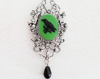 Large Black and Green Raven Cameo Brooch Necklace in Antique Silver, Poe Inspired Gothic Crow Brooch with Chain, Choose Your Length