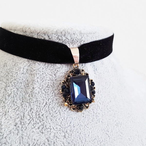 Sapphire Blue Jewel Drop Choker in Antique Gold with Black or Blue Velvet Ribbon, Victorian Style Gothic Necklace, Choose Your Length