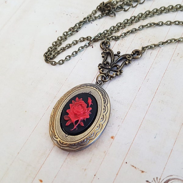 Black and Red Gothic Rose Locket Necklace in Bronze, Victorian Vintage Red Rose Flower, Keepsake, Memorial, Choose Your Length