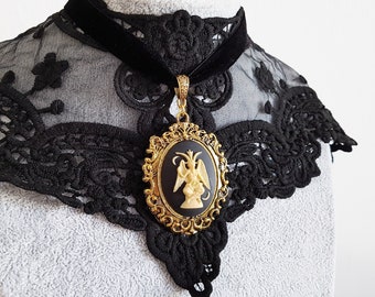 Victorian Gothic Baphomet Necklace  or Choker with Black Velvet Ribbon and Chain in Antique Gold, Goat Cameo, Choose Your Lengths