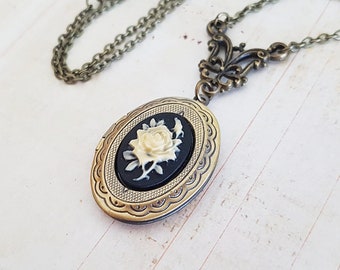 Black and Ivory Victorian Rose Locket Necklace in Bronze, Gothic Vintage White Rose Flower, Keepsake, Memorial, Choose Your Length