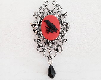 Large Black and Red Raven Cameo Brooch Necklace in Antique Silver, Poe Inspired Gothic Crow Brooch with Chain, Choose Your Length