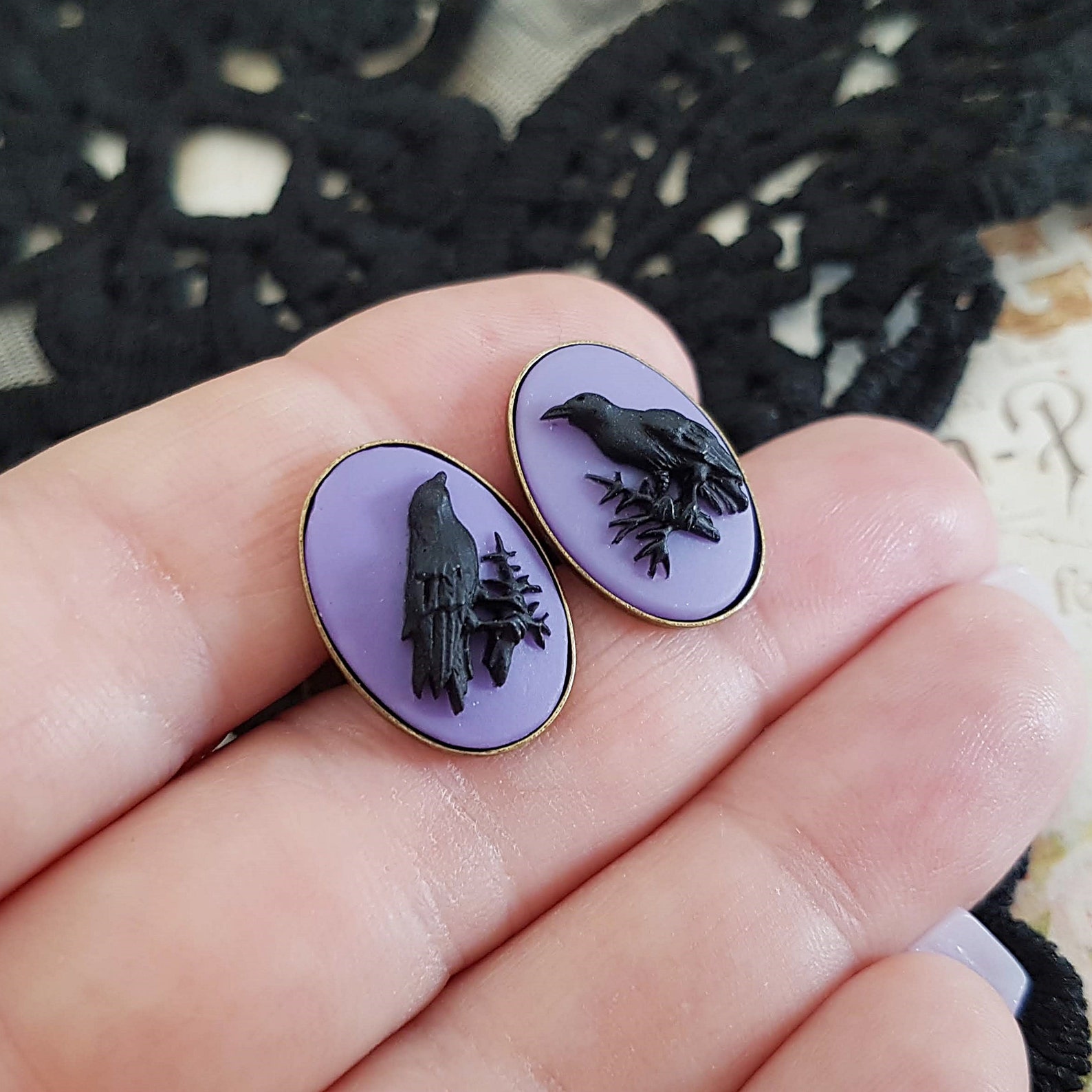 Schwarze und lila Raben Kamee Manschettenknöpfe in Bronze | Etsy