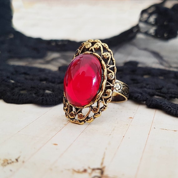 Victorian Gothic Crimson Ruby Red Jewel Ring, Antique Gold  