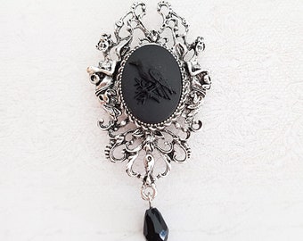 Large Black Raven Cameo Brooch Necklace in Antique Silver, Poe Inspired Gothic Crow Brooch with Chain, Choose Your Length