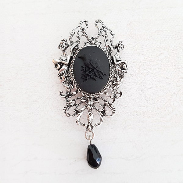 Große Schwarzer Rabe Cameo Brosche Halskette in Antik Silber, Poe Inspiriert Gothic Krähe Brosche mit Kette, wählen Sie Ihre Länge