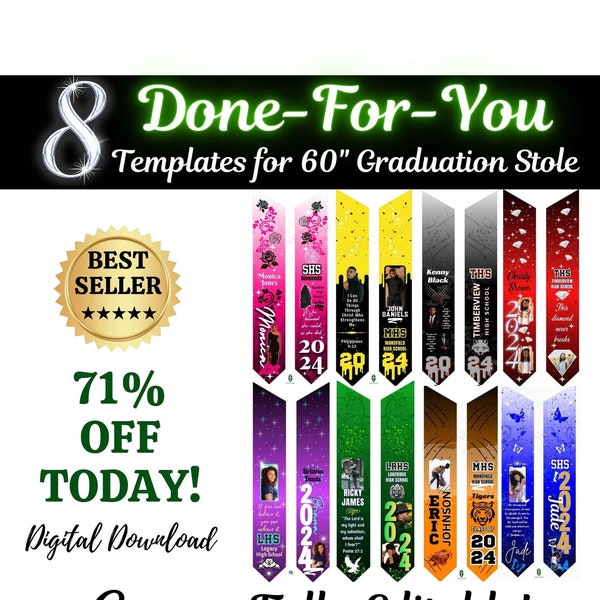 BUNDLE DEAL 8 Done-For-You Graduation Stole Templates | for 60" Stole | Canva Editable | for Sublimation | 13x32 Inch