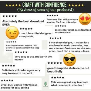 May include: A graphic featuring customer reviews with star ratings and emoji faces. Text includes phrases like "Absolutely the best download EVER" and "Love it beautiful design no complaints."