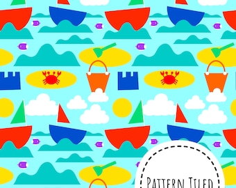 Patrón sin costuras de verano, patrón sin costuras de playa, diseño de tela de verano, descarga digital, tela para niños, tela escandinava
