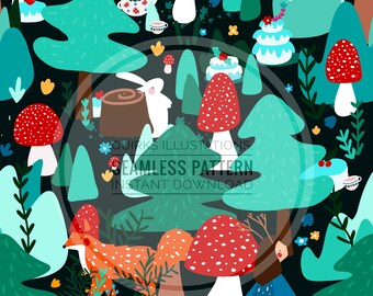 Descarga digital, patrón sin costuras, tela de bosque, tela de sapo, diseño de tela de uso comercial,