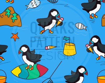 Patrón sin fisuras de frailecillos, diseño de tela de verano, descarga digital, patrón de superficie, uso comercial