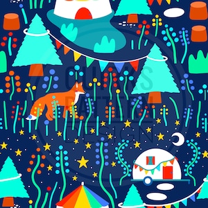 Peut inclure: Un motif fantaisiste et coloré avec un renard, une tente, un camping-car et des arbres sur un fond bleu foncé. Le motif est décoré d'étoiles, de fleurs et de drapeaux.