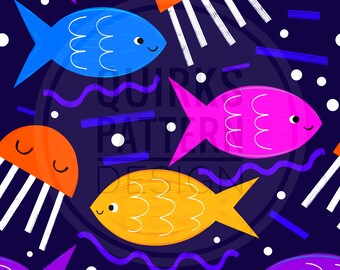 Patrón sin costuras de estilo de pintura, diseño de tela de pescado, descarga digital, patrón de superficie, tela para niños