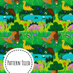 May include: A seamless pattern featuring colorful dinosaurs, trees, flowers, and ponds on a green background. The text "PATTERN TILED" is in the center of the image.